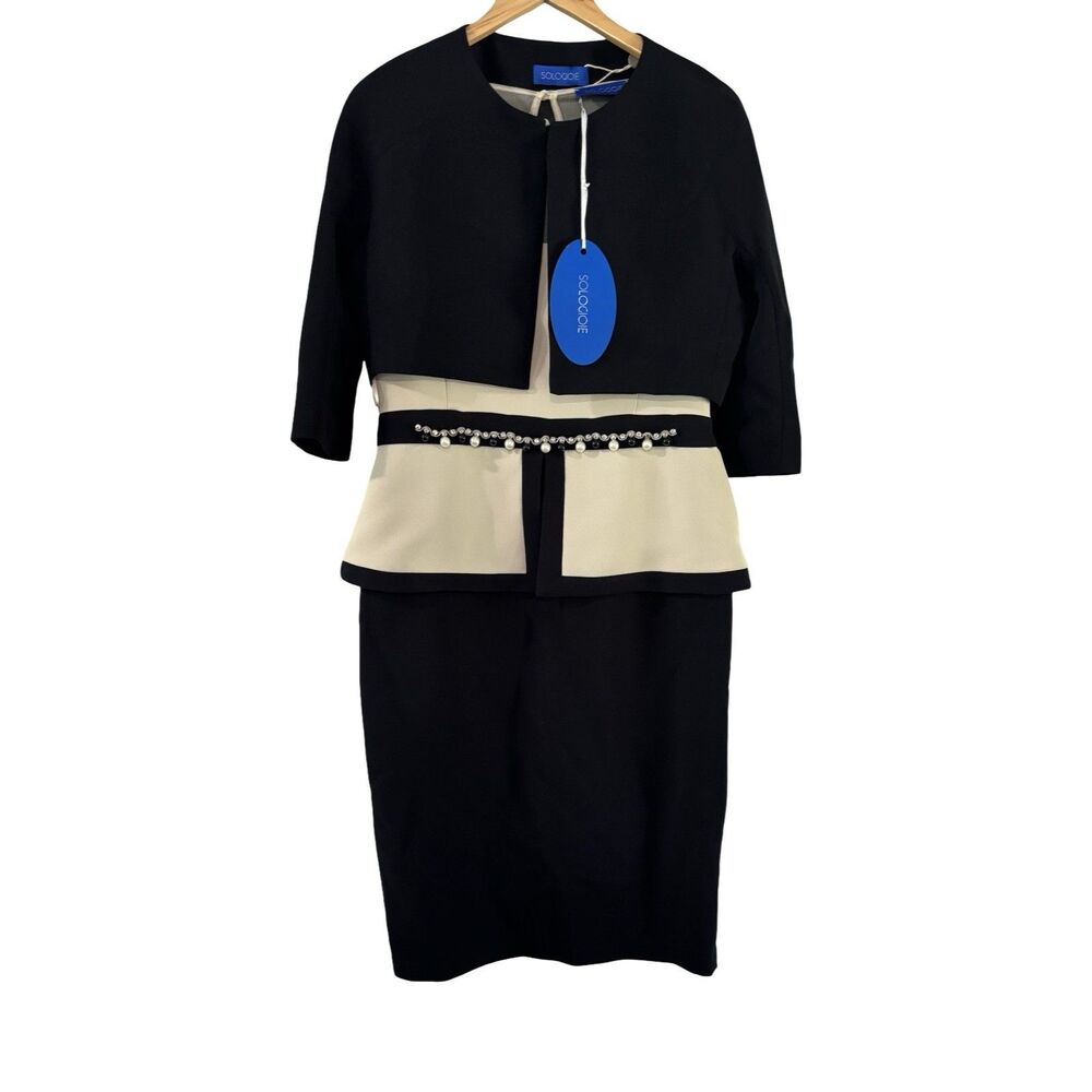 Sologioie 2 Piece Pearl Embellished Knee Length Dress Black Bolaro Size 12 NWT - Picture 2 of 8